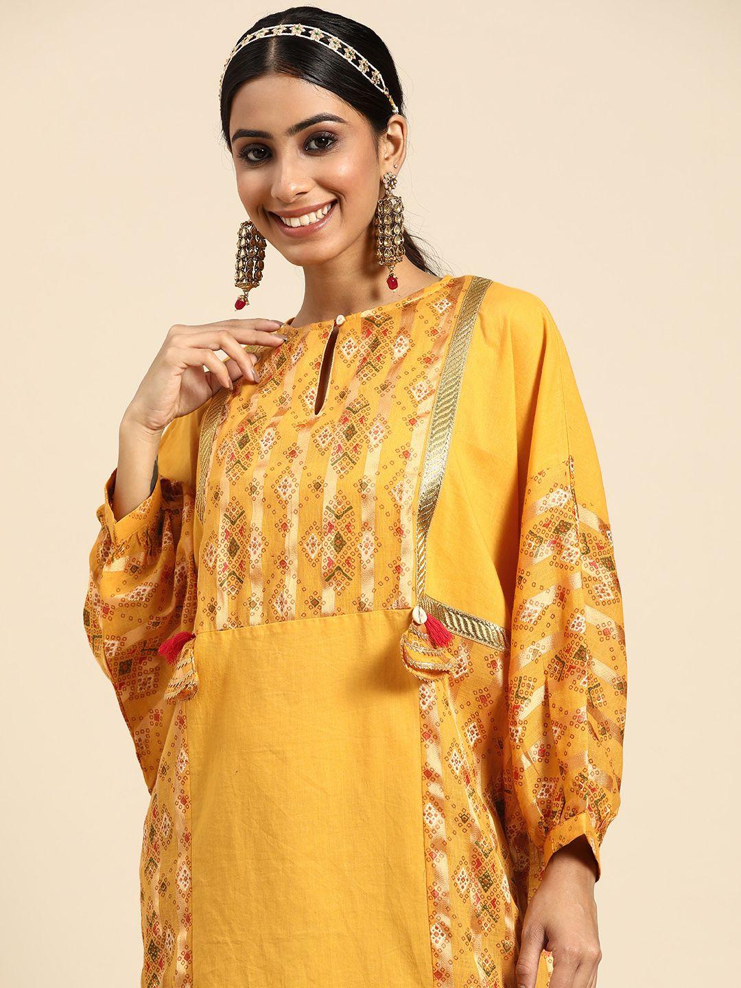sangria women yellow & gold-toned pure cotton ethnic motifs print kurta