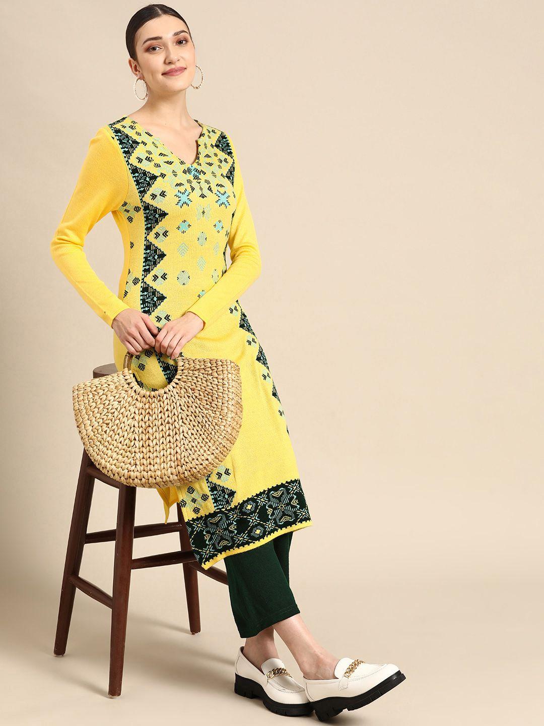 sangria women yellow & green ethnic motifs winter kurta with trousers