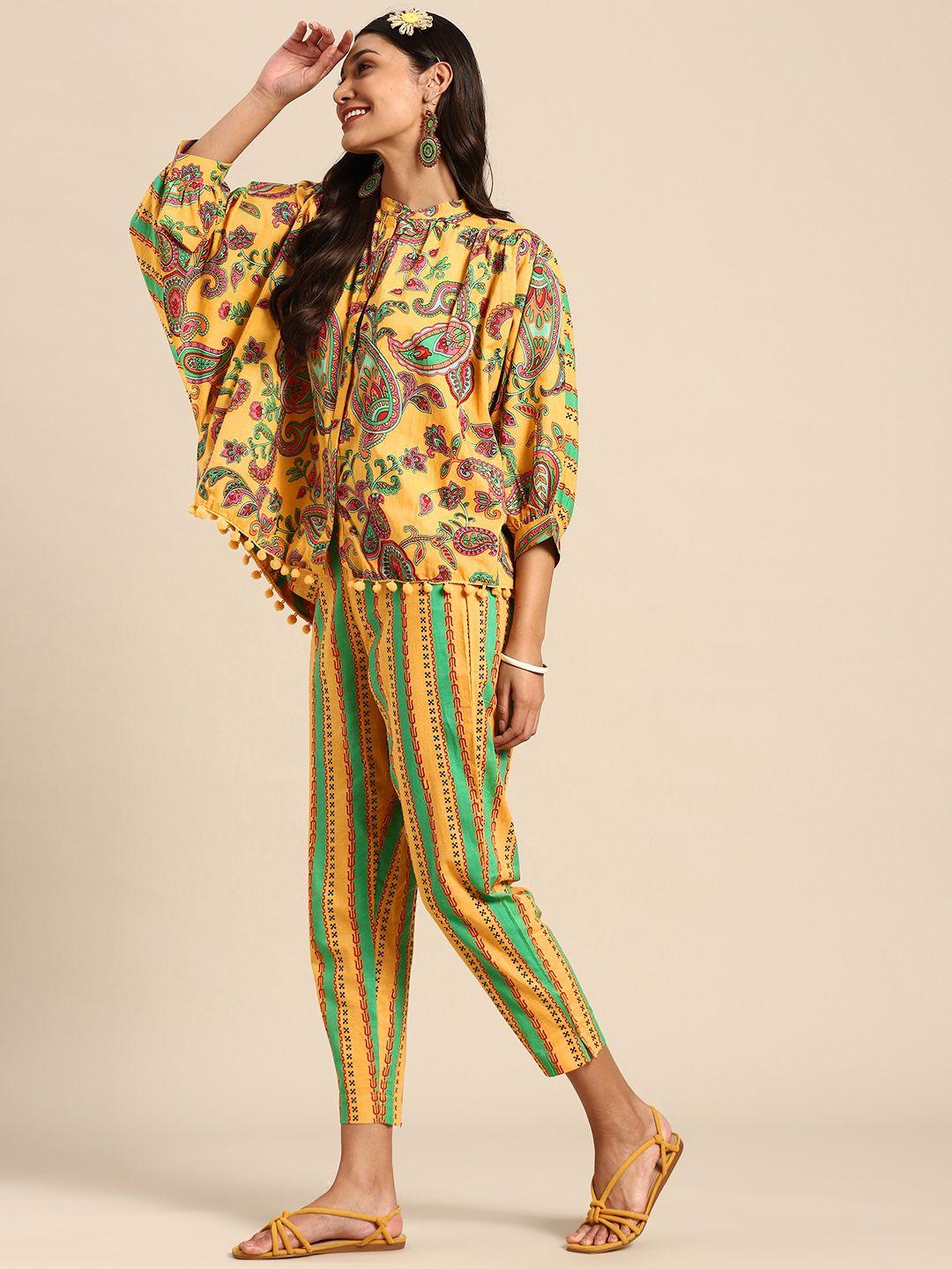 sangria women yellow & green printed top & trouser