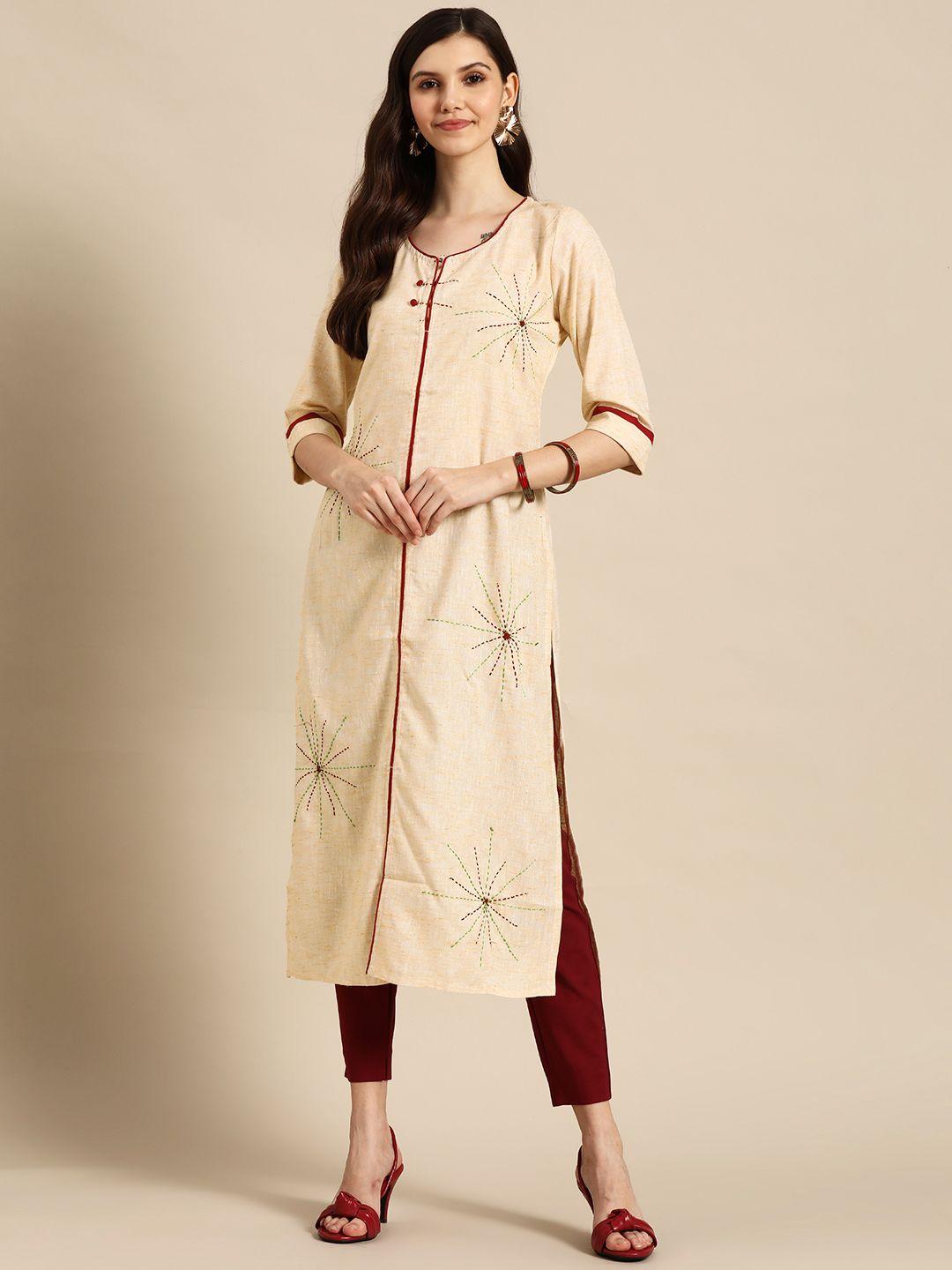 sangria women yellow & maroon embroidered thread work pure cotton kurta