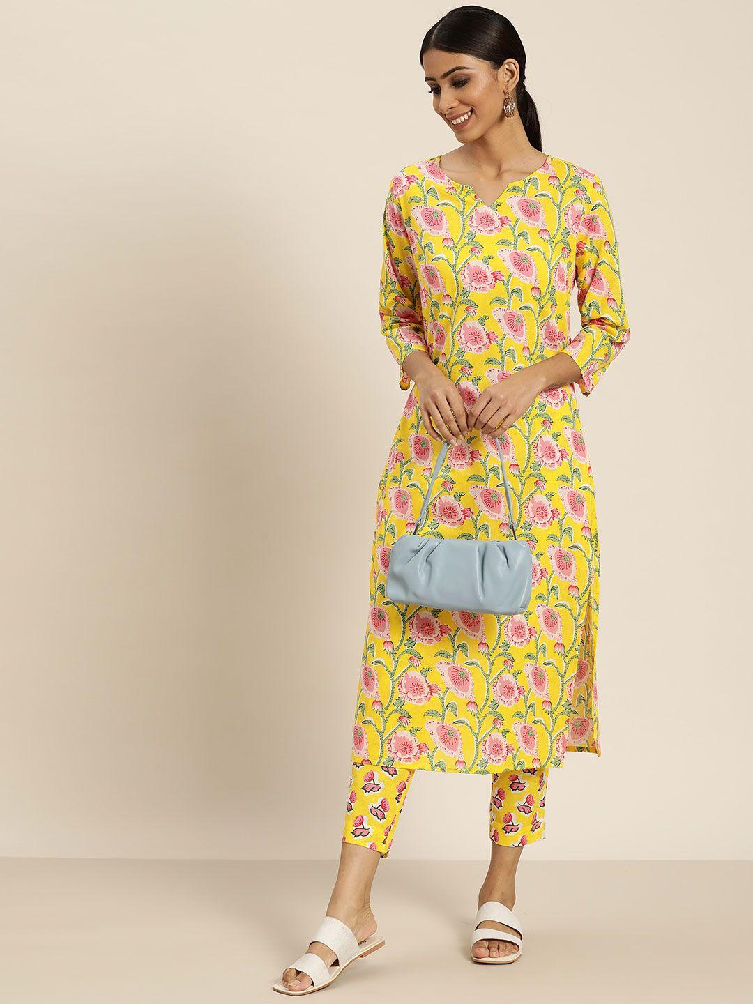 sangria women yellow & pink ethnic motifs printed pure cotton kurta with trousers