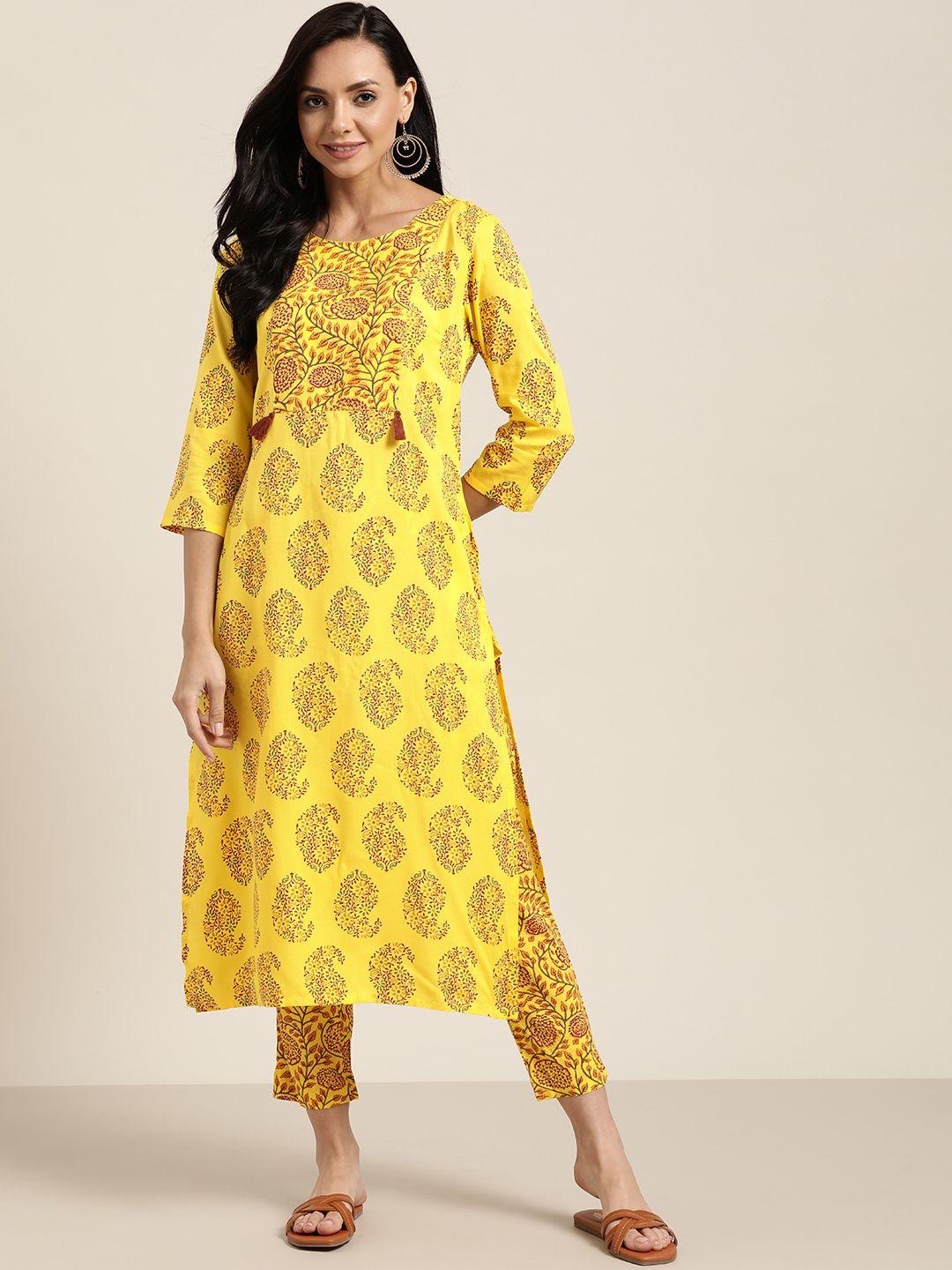 sangria women yellow & red paisley printed kurta with trousers