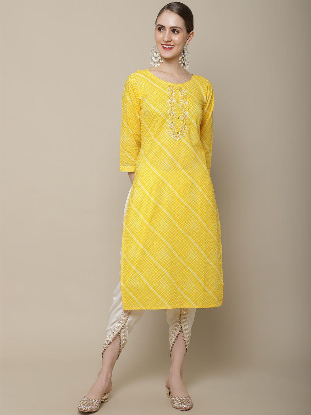 sangria women yellow & white geometric embroidered straight kurta