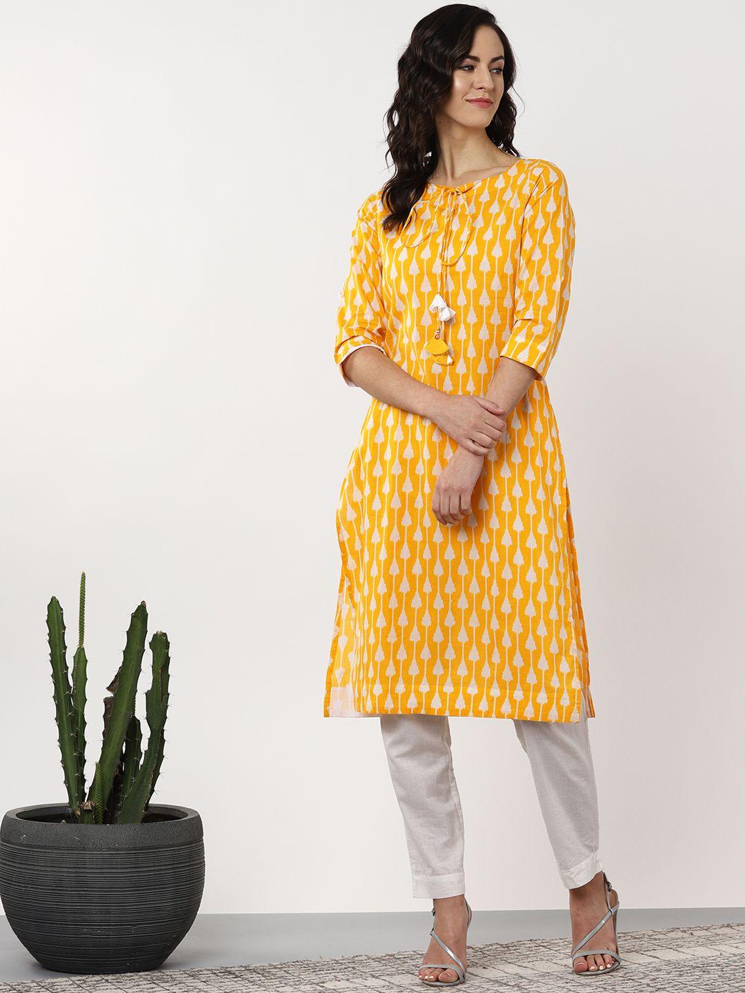 sangria women yellow & white printed straight kurta