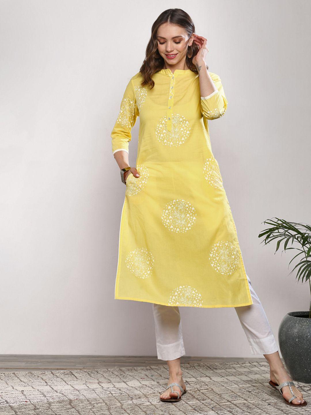 sangria women yellow & white printed straight kurta