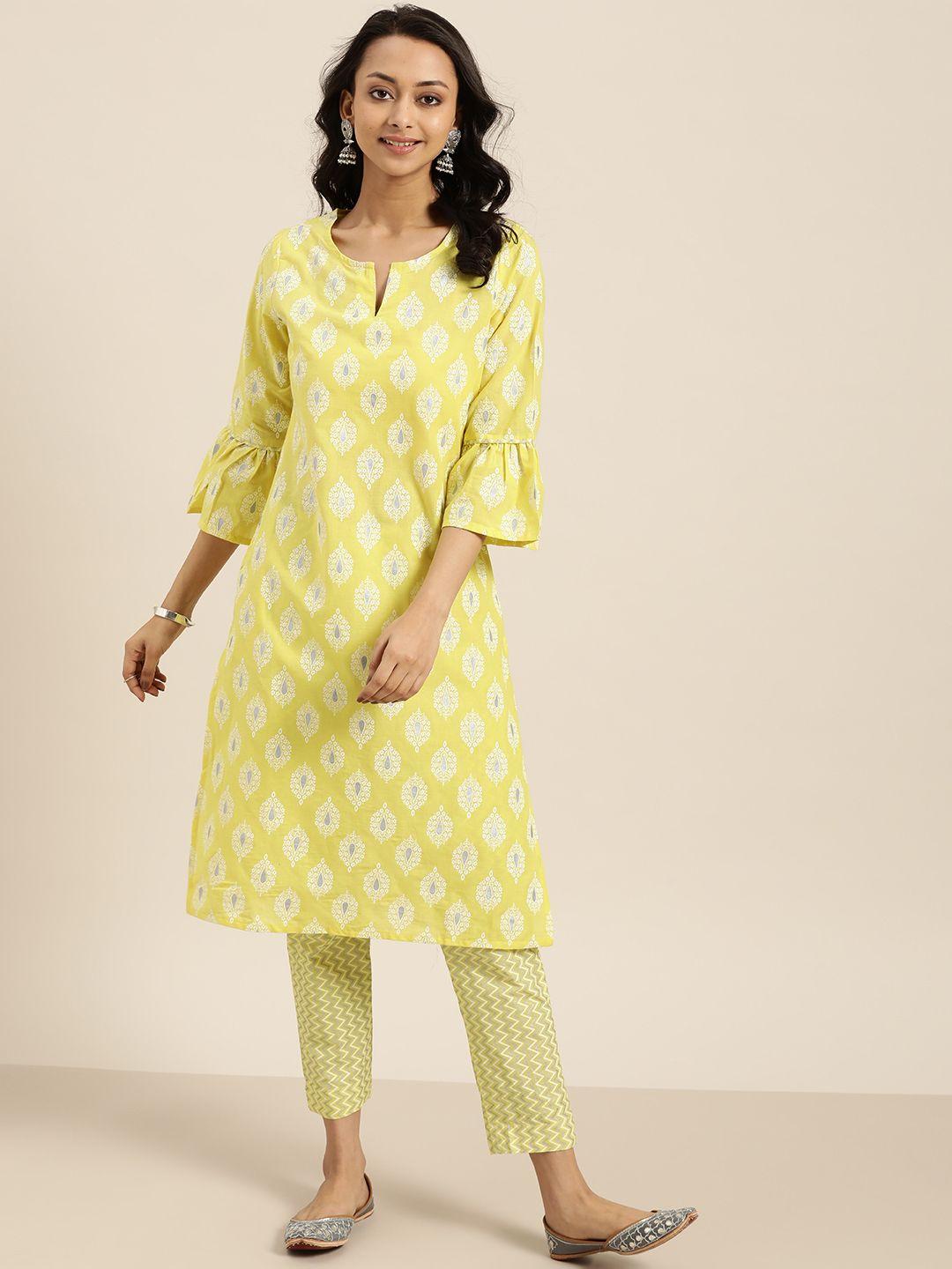 sangria women yellow & white pure cotton printed kurta with trousers