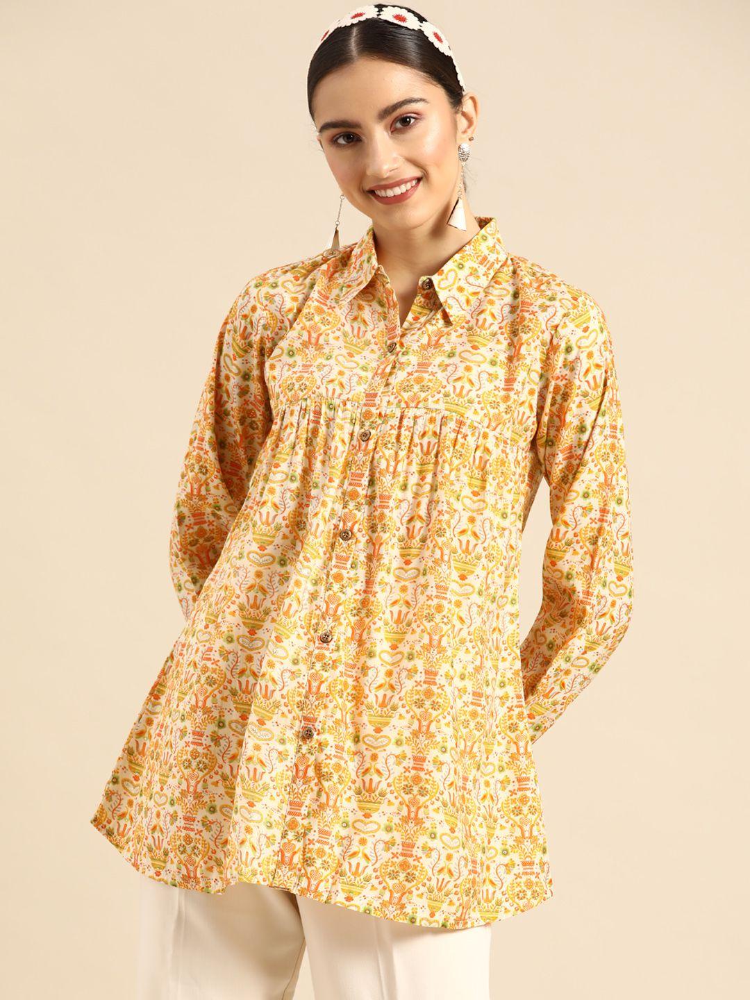sangria women yellow classic printed casual shirt