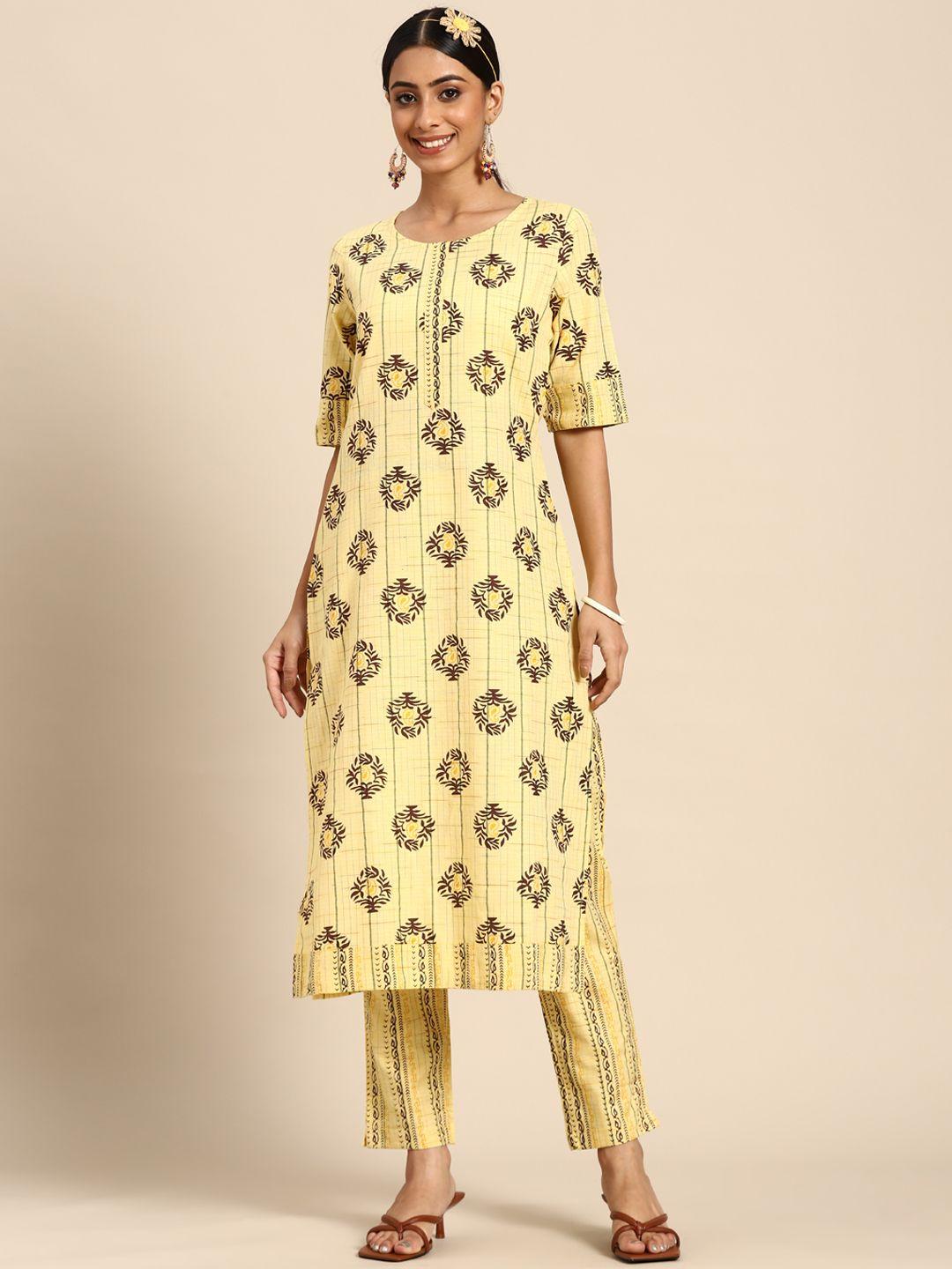 sangria women yellow ethnic motifs printed kurta with trousers