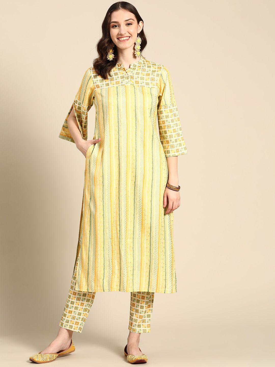 sangria women yellow ethnic motifs printed kurta with trousers