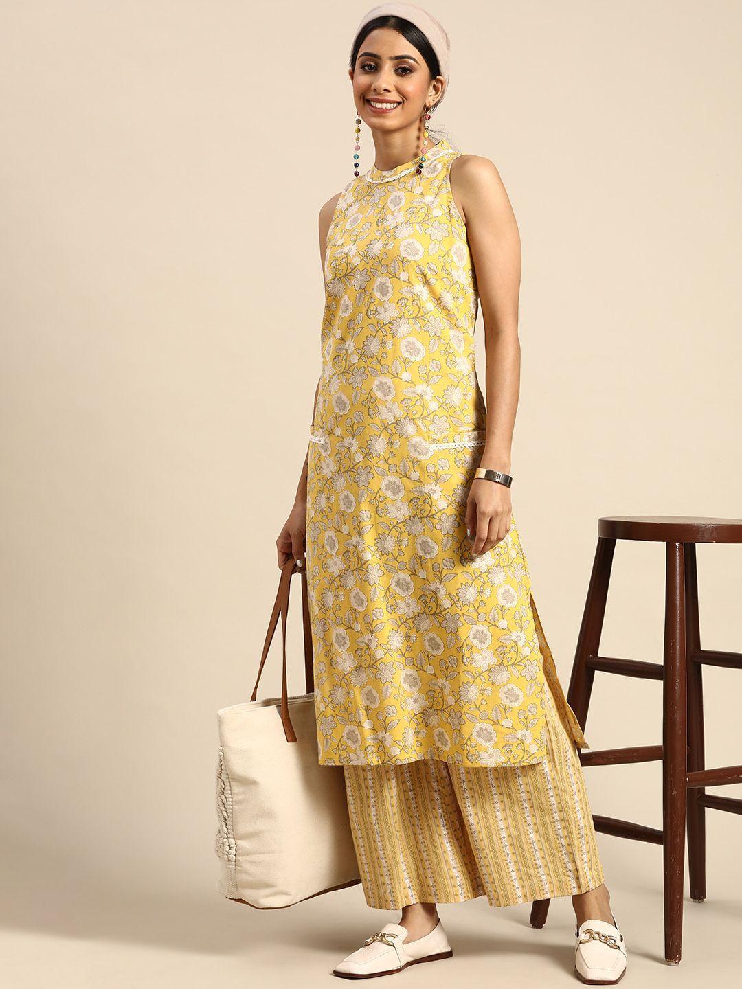 sangria women yellow floral printed pure cotton kurta with palazzos