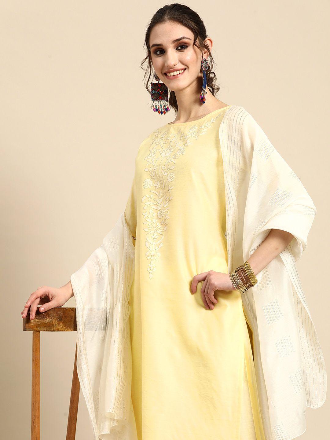 sangria women yellow floral printed regular chanderi cotton kurta with palazzos & with dupatta