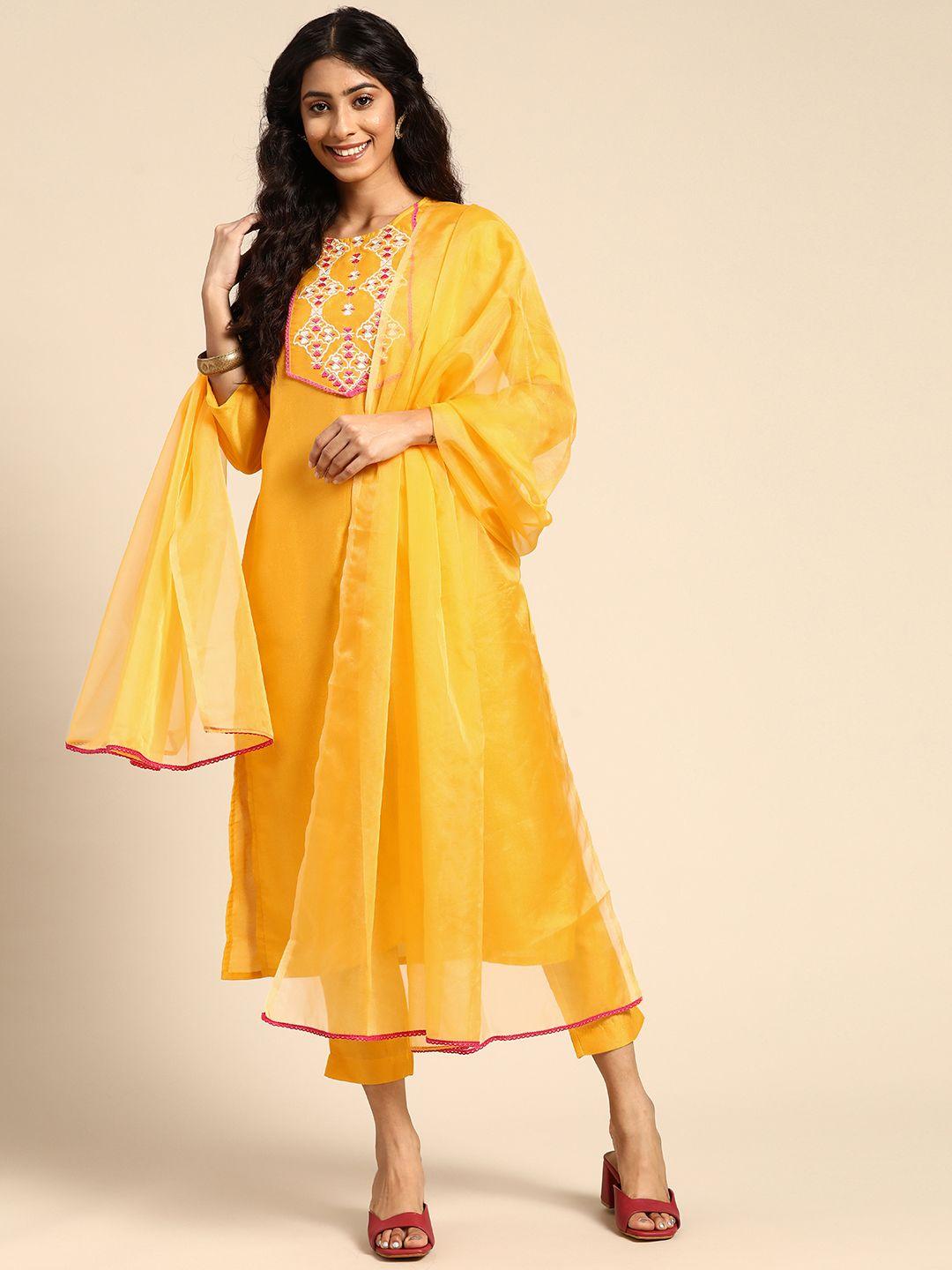 sangria women yellow floral yoke design thread work kurta with trousers & with dupatta
