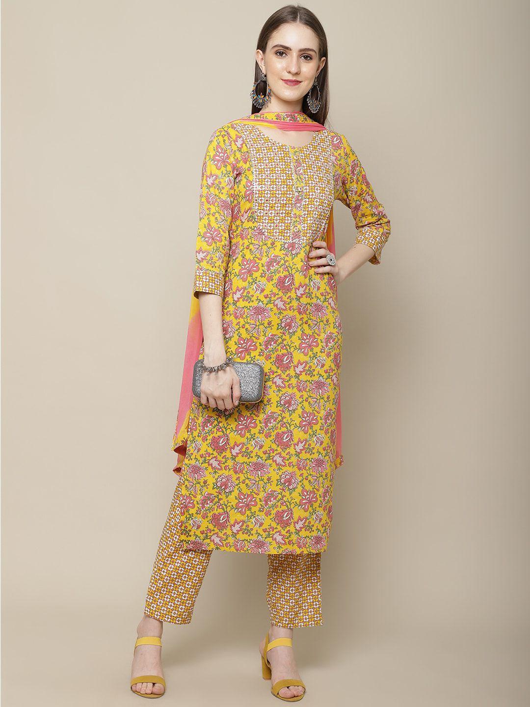 sangria women yellow printed gotta patti pure cotton kurta with trousers & dupatta