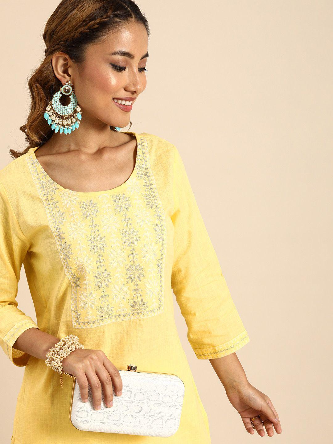 sangria women yellow yoke design thread work kurta