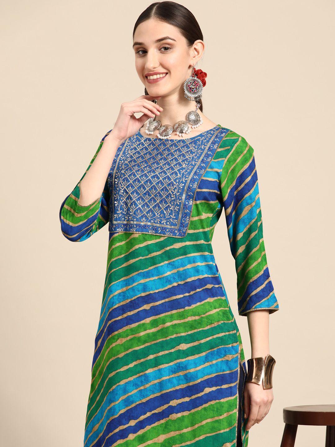 sangria womenblue & green leheriya straight kurta with thread work detail