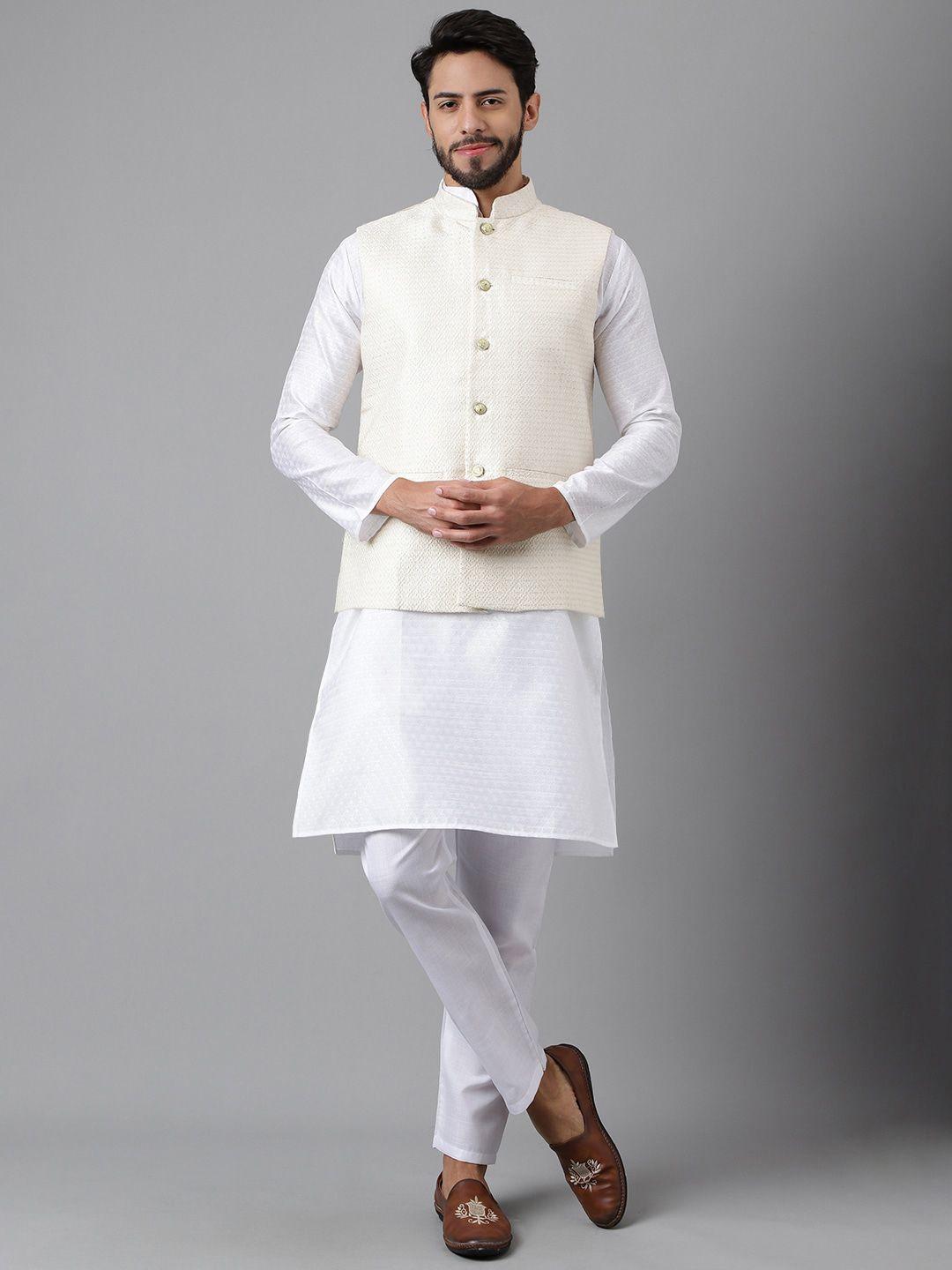 sangria woven design mandarin collar straight kurta with pyjama & nehru jacket