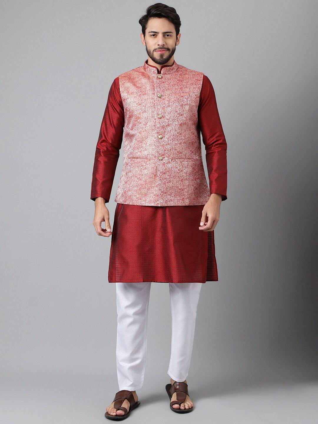 sangria woven designed mandarin collar straight kurta with trouser & nehru jacket