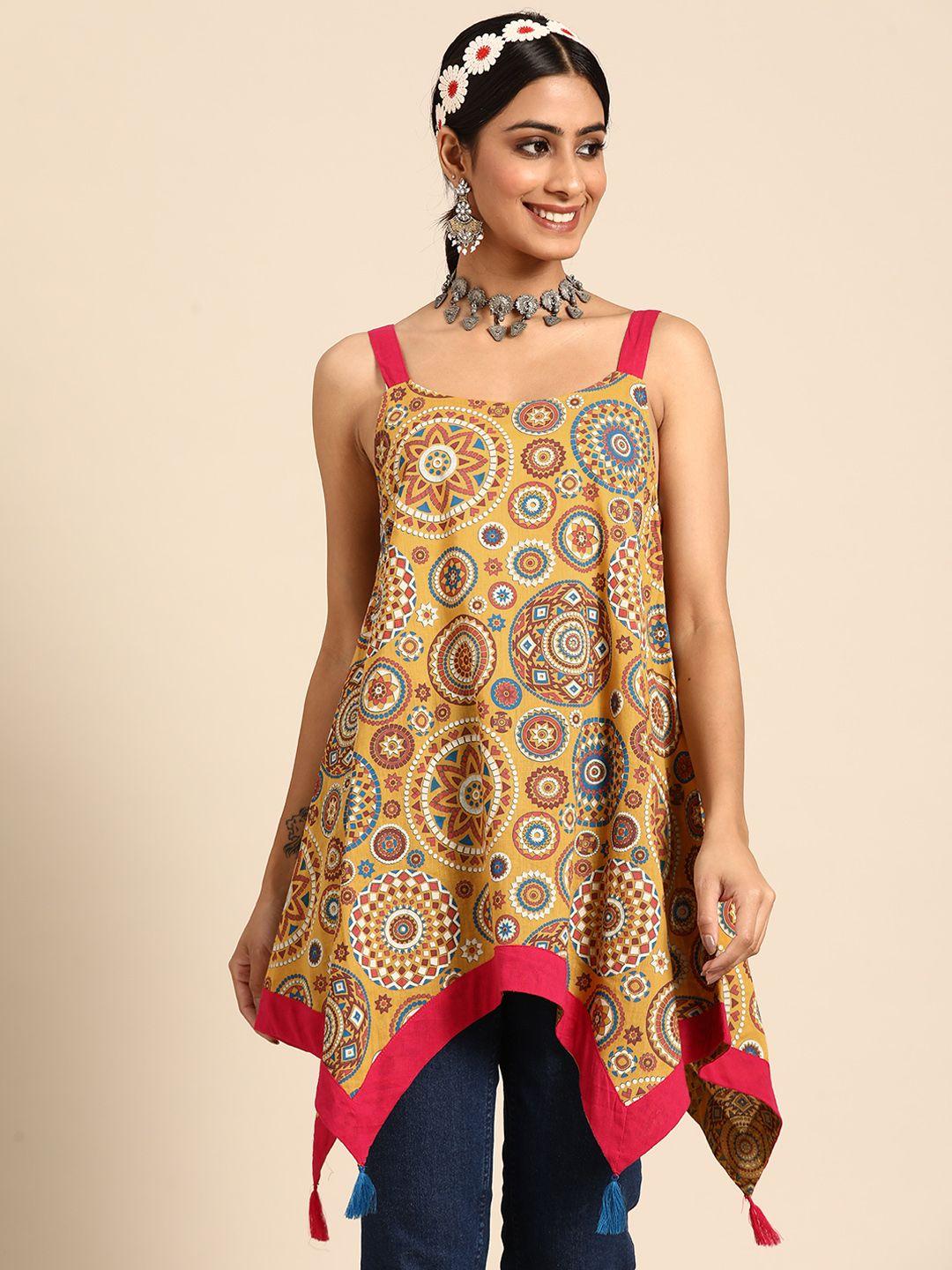 sangria yellow & blue ethnic motif print pure cotton top