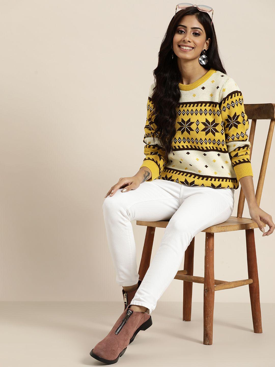 sangria yellow & brown ethnic motifs sweater top
