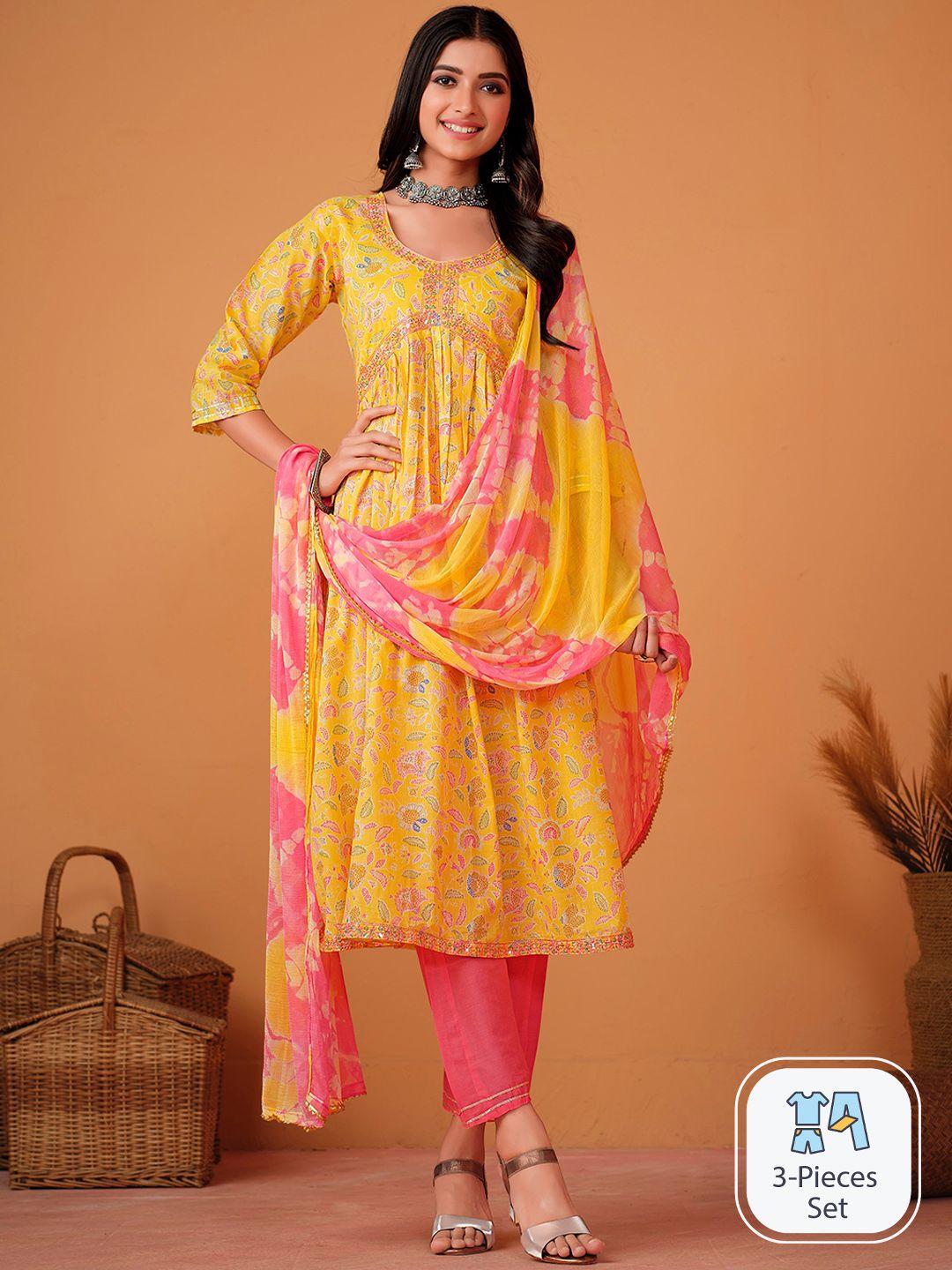 sangria yellow & pink floral printed sequinned pure cotton kurta with trouser & dupatta