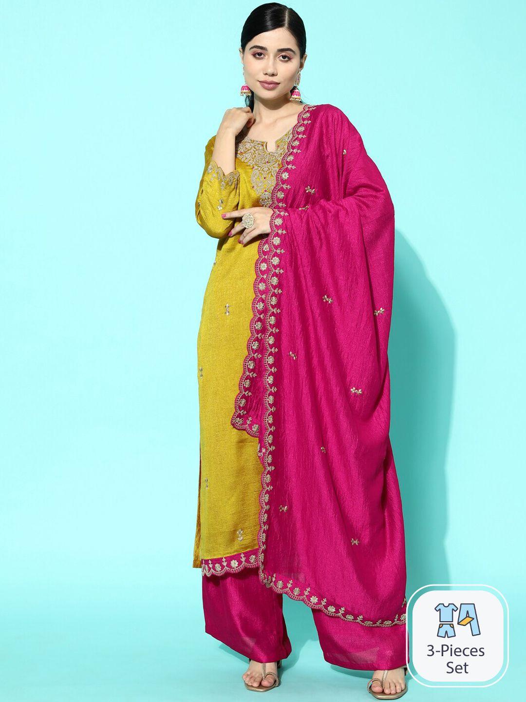 sangria yellow & pink floral sequinned embroidered straight kurta with palazzo & dupatta