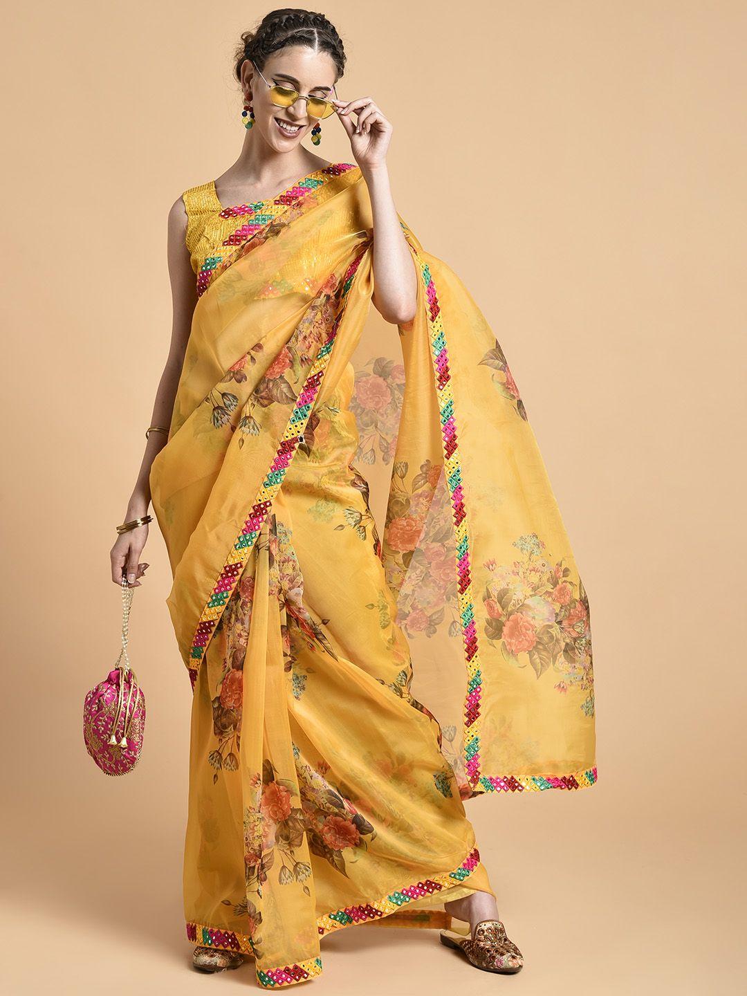 sangria yellow & red floral mirror work organza saree