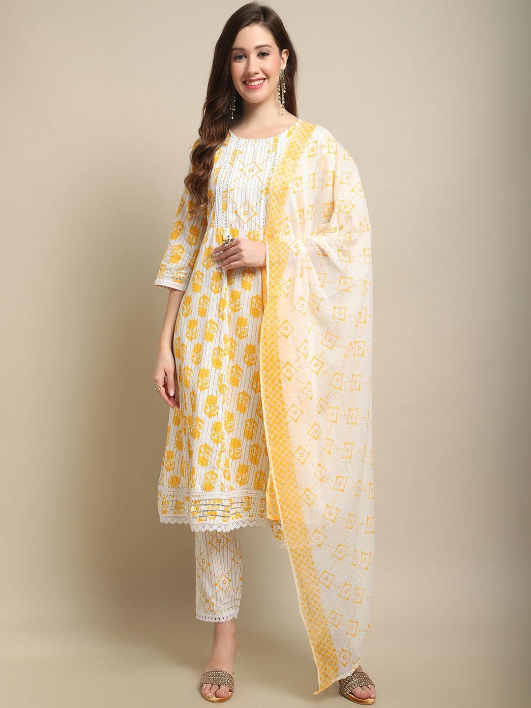 sangria yellow & white floral printed gotta patti a-line kurta with trouser & dupatta