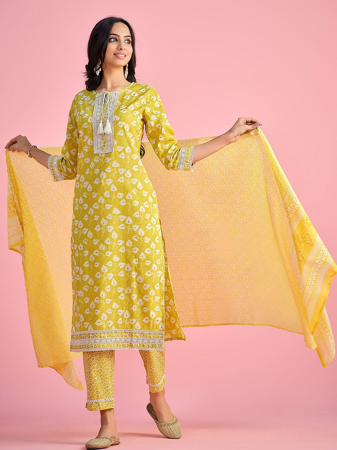 sangria yellow & white floral printed pure cotton kurta with trouser & dupatta