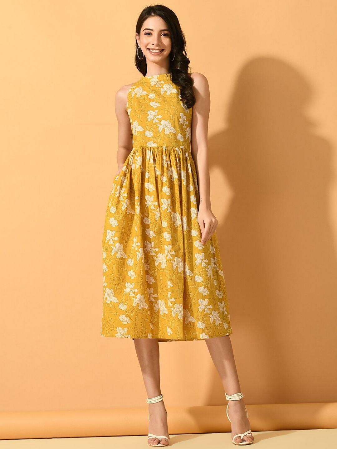 sangria yellow & white floral printed sleeveless pure cotton fit & flare midi dress