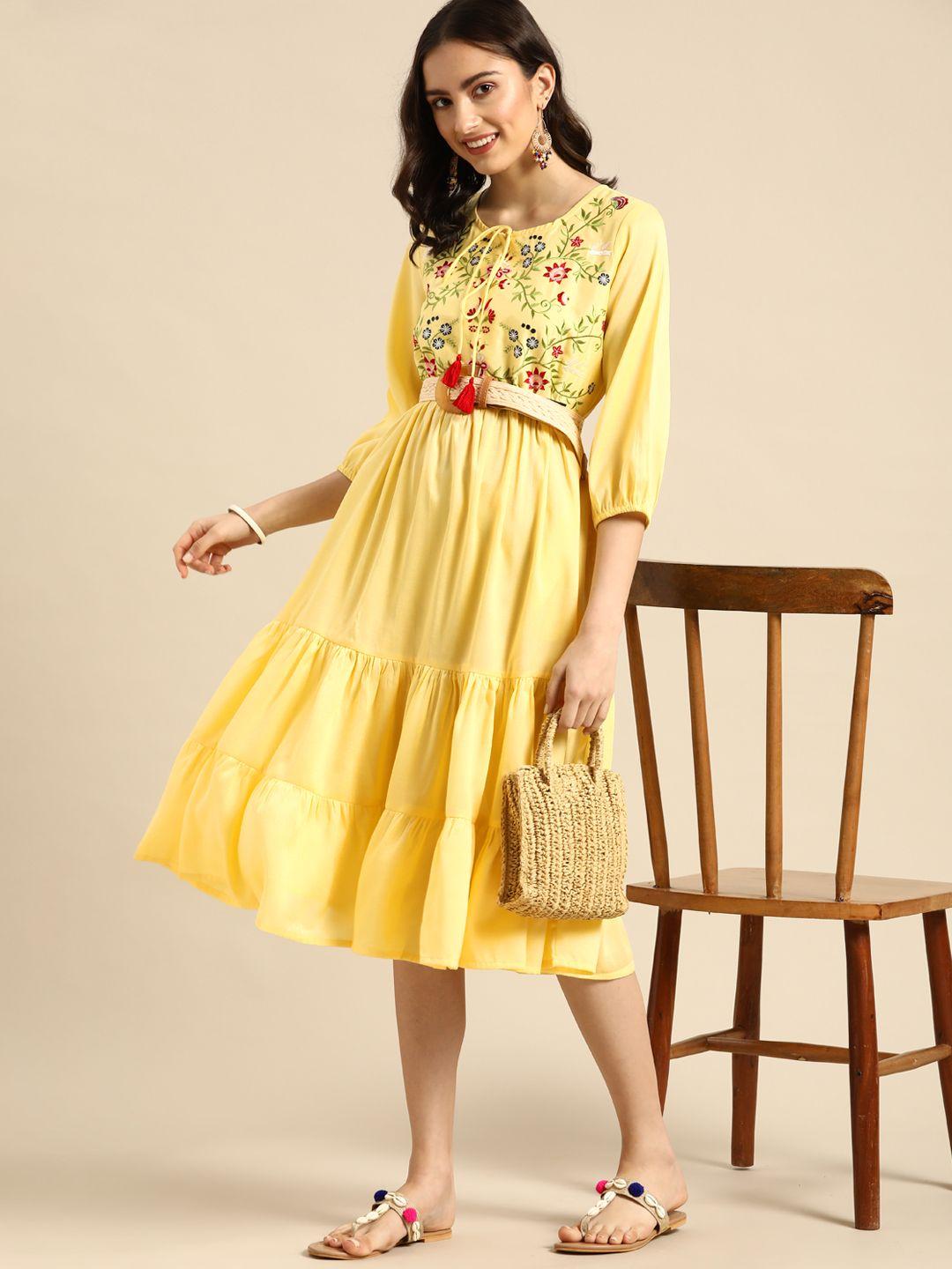 sangria yellow ethnic motifs embroidered a-line midi dress