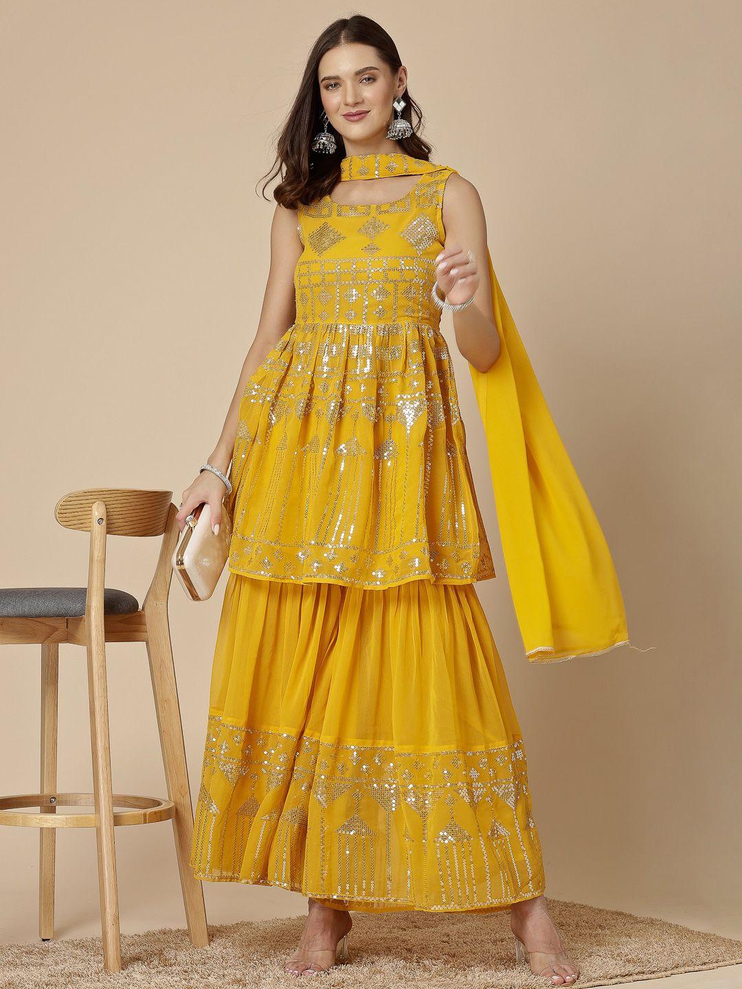 sangria yellow ethnic motifs embroidered georgette a-line kurti with sharara & dupatta set