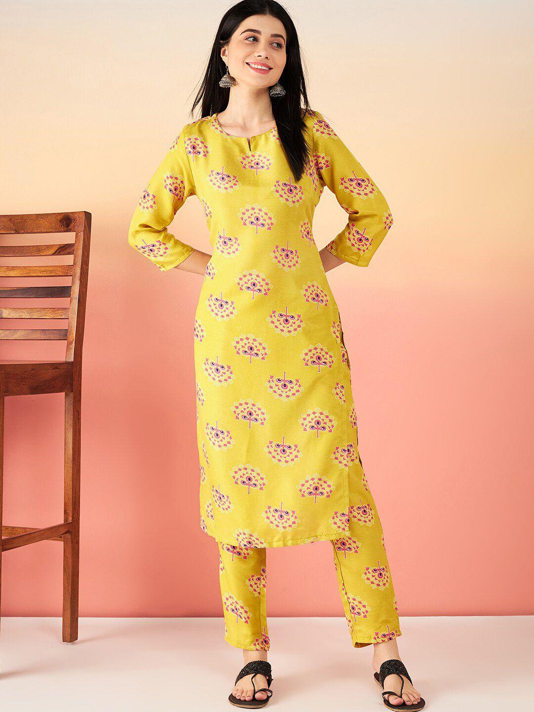 sangria yellow ethnic motifs printed straight kurta with trouser