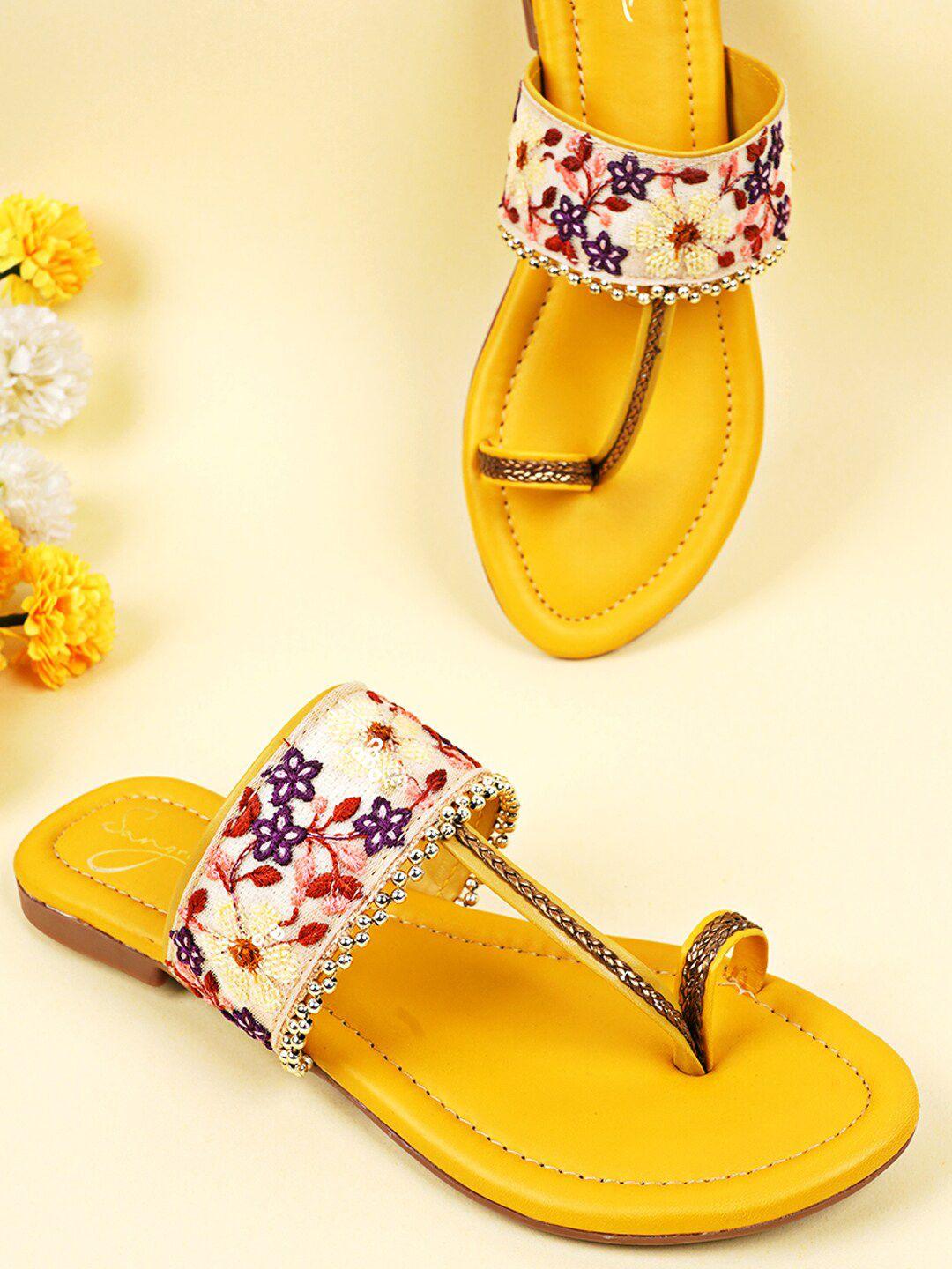 sangria yellow floral embroidered one toe flats