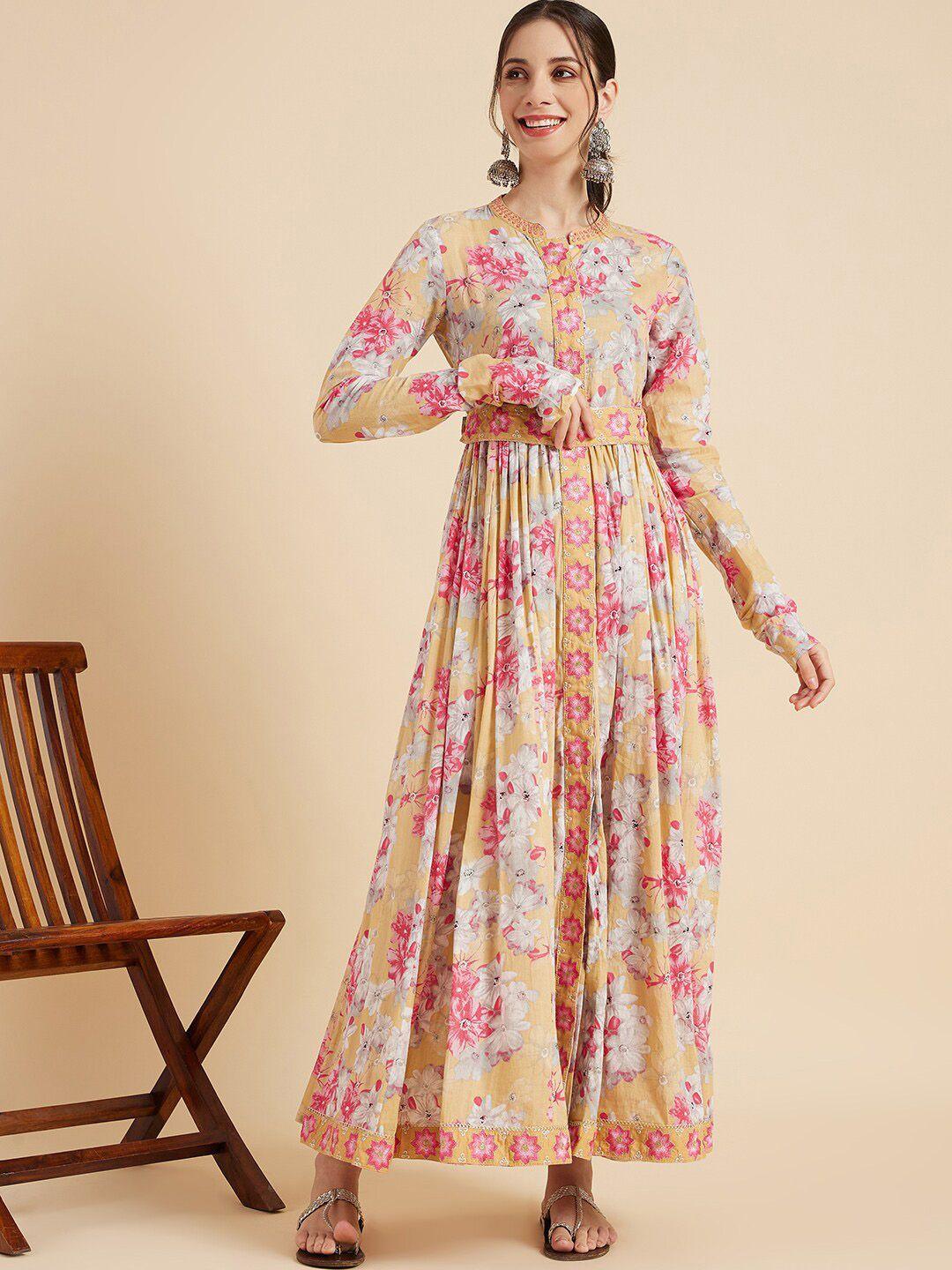 sangria yellow floral printed cotton sequin work anarkali kurta with belt