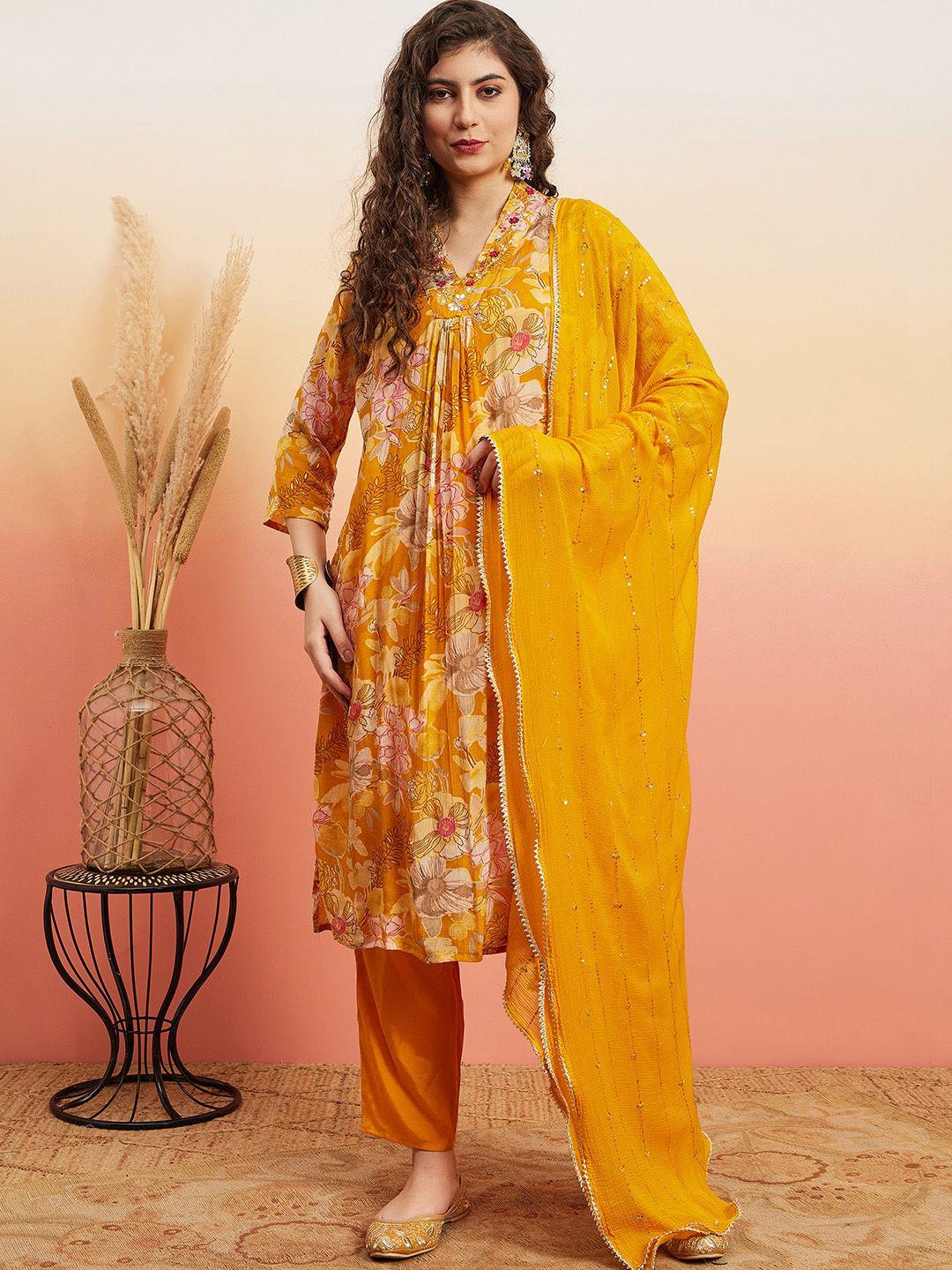 sangria yellow floral printed gotta patti straight kurta & trouser with dupatta