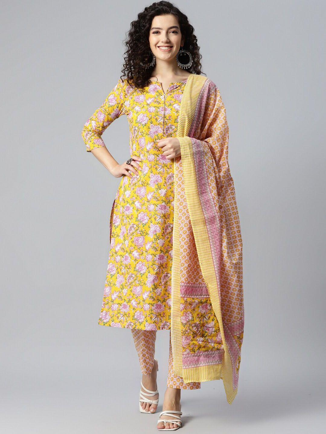 sangria yellow floral printed kurta set