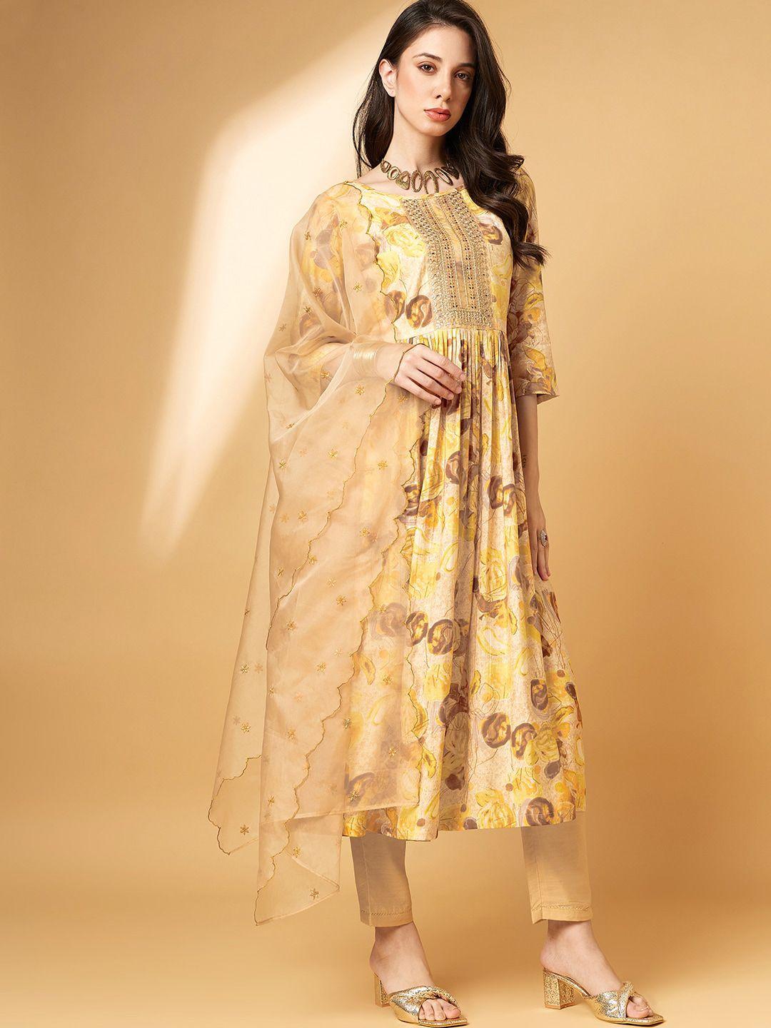 sangria yellow floral printed sequinned details pleated kurta & trousers with dupatta