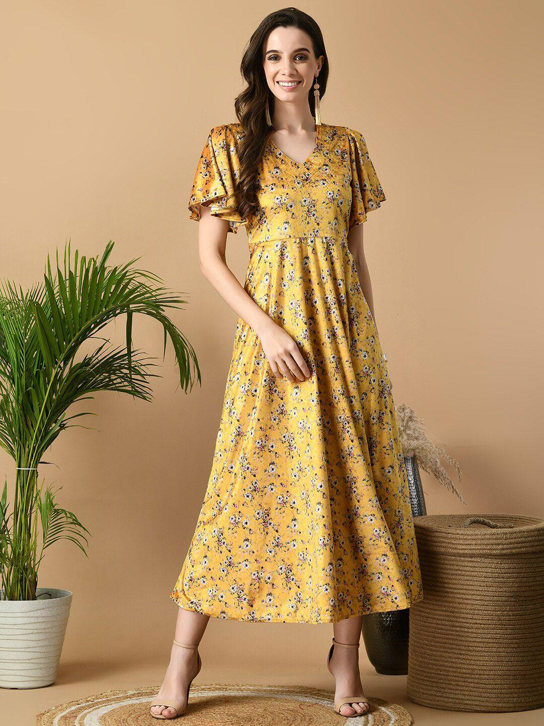 sangria yellow floral printed velvet dresses