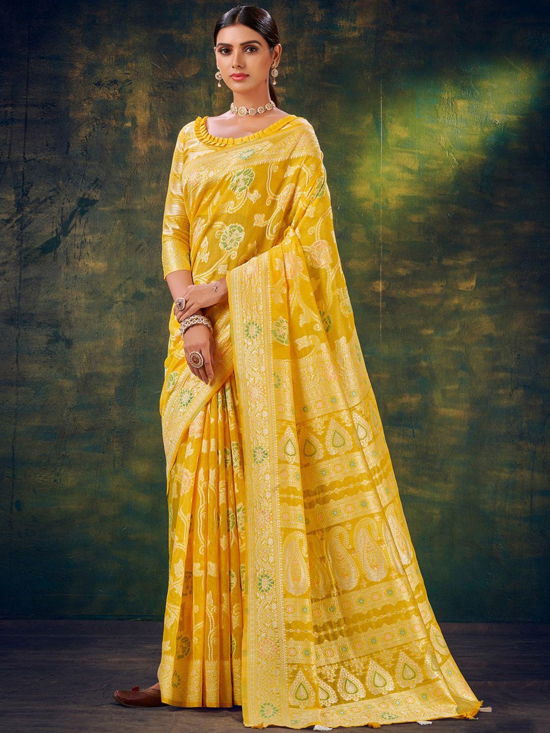 sangria yellow floral woven design zari saree