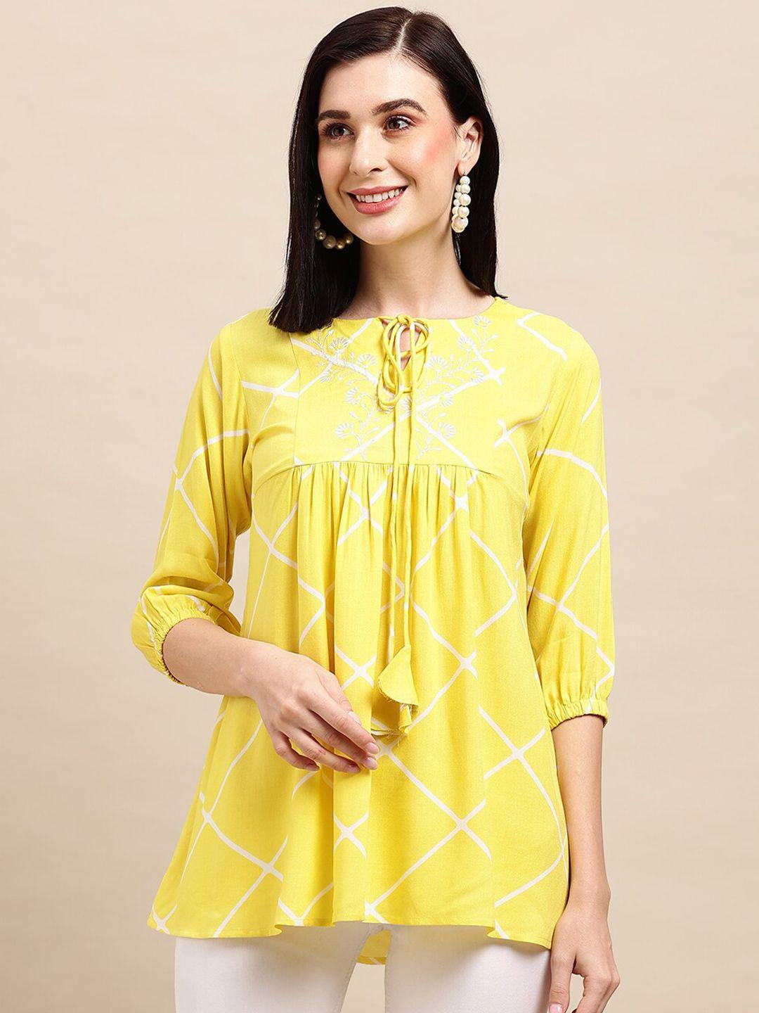 sangria yellow geometric printed & embroidered tie-up neck a-line top