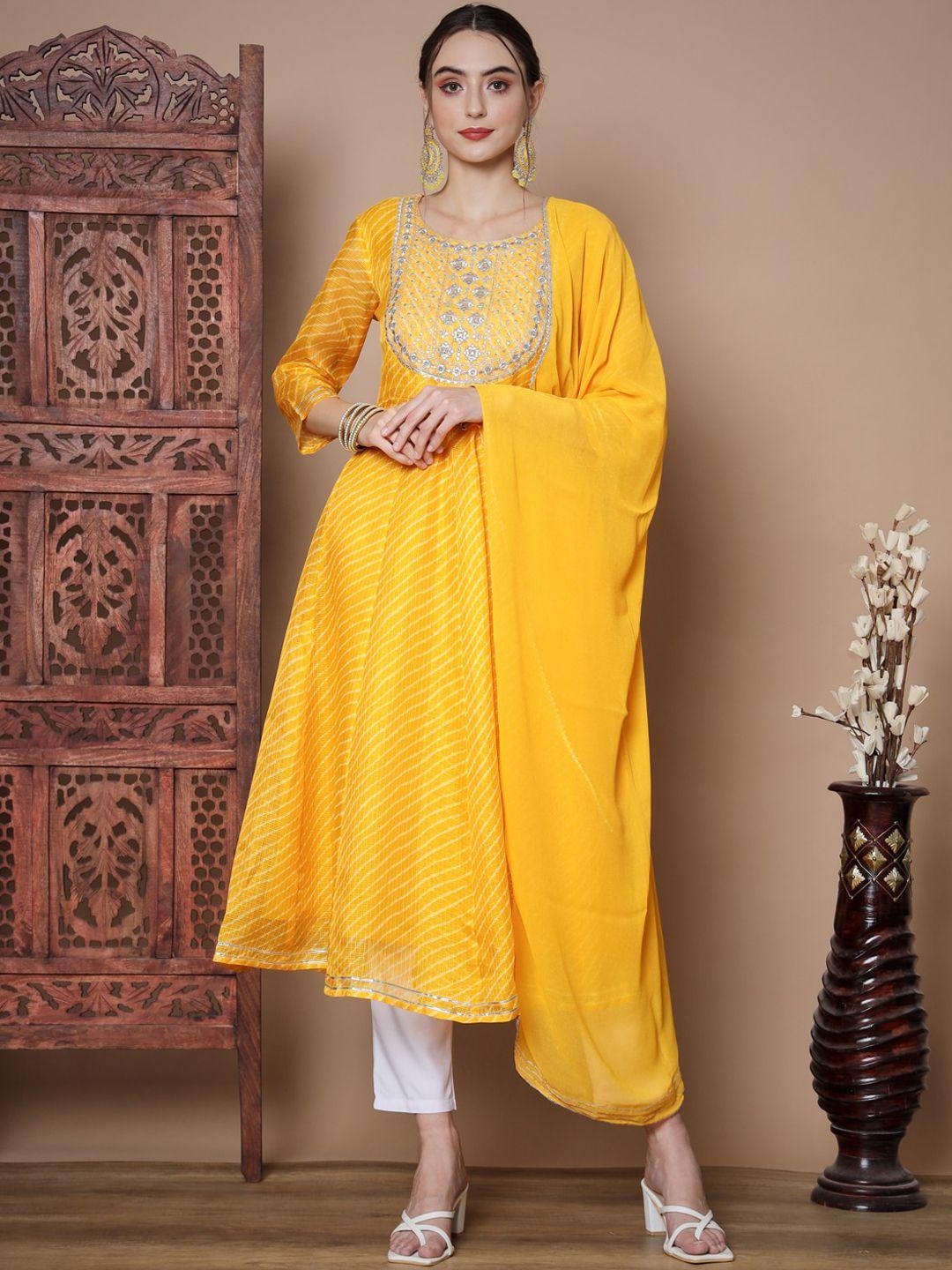 sangria yellow leheriya printed gotta patti chanderi silk kurta & trousers with dupatta