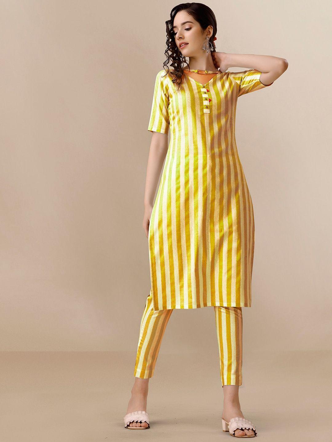 sangria yellow striped keyhole neck straight kurta with trouser