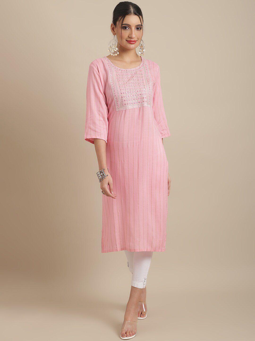 sangria yoke design mirror work round neck straight high slit kurta