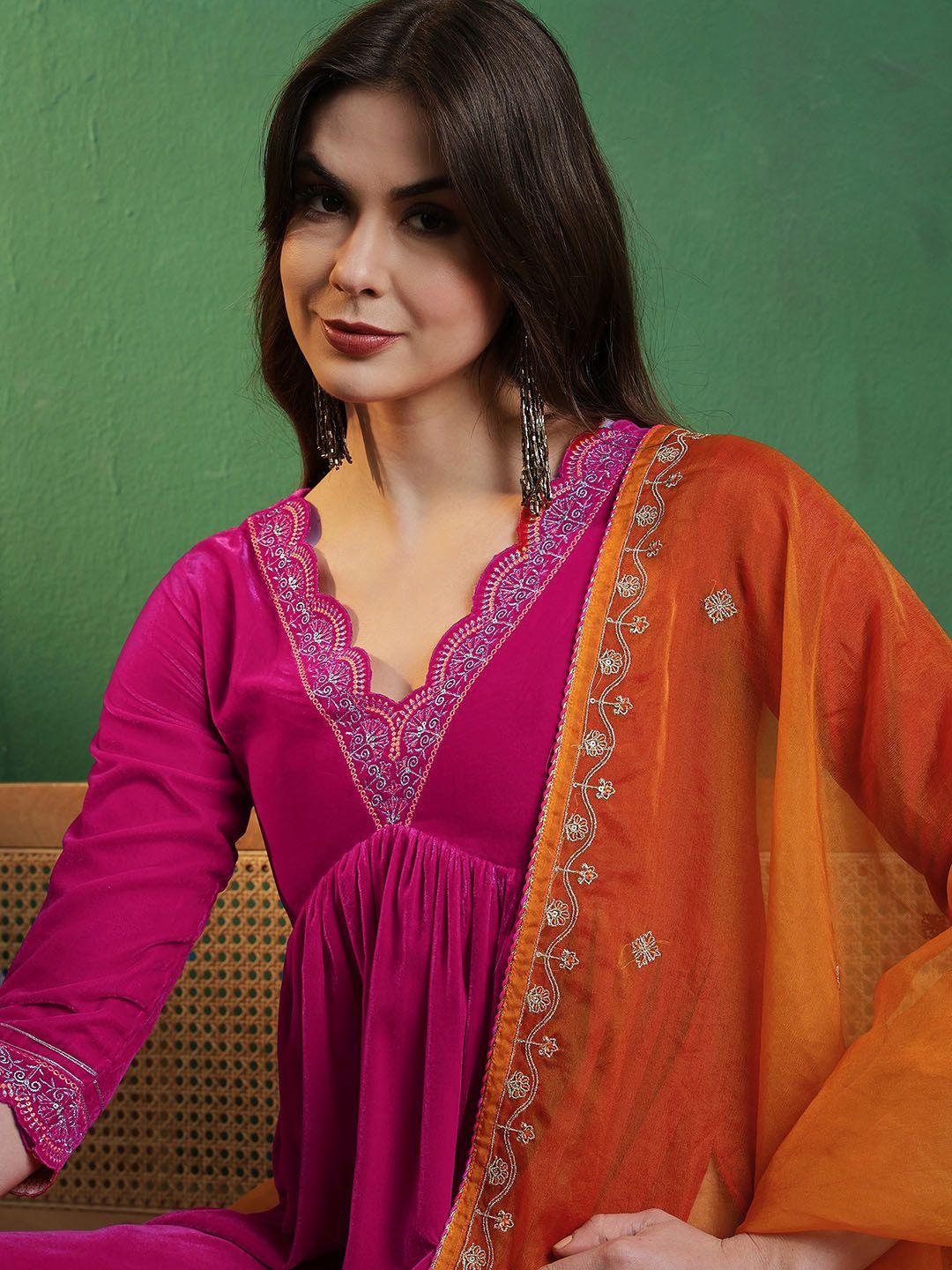 sangria yoke-designed a-line kurta with trouser & dupatta set