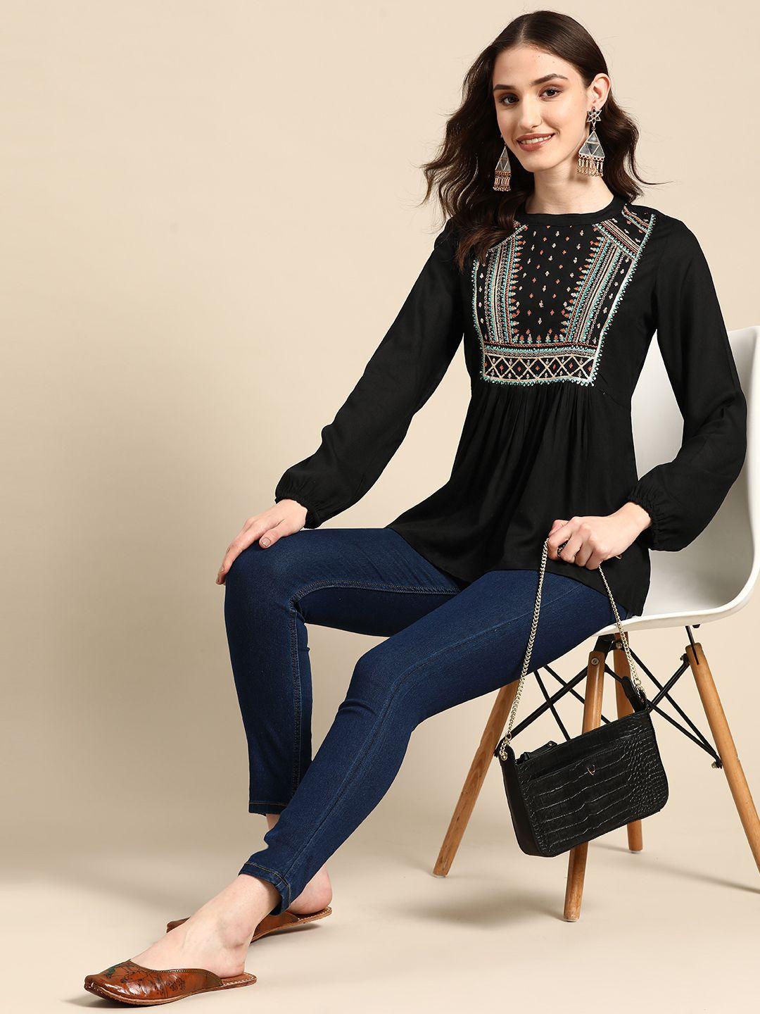 sangria yoke embroidered a-line top