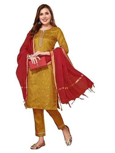 sanisa women's art silk embroidery straight kurta set with dupatta (57kbd664n-xxl_mustard yellow1)