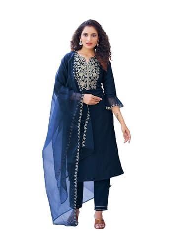 sanisa women's chinnon & organza embroidery straight kurta with pant and embroidery dupatta (38kbd478nz-xxl_navy blue)