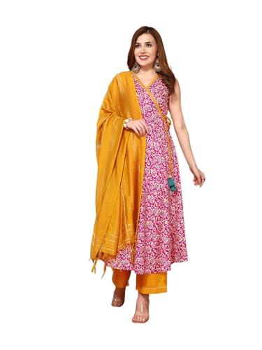 sanisa women's cotton blend printed anarkali kurta with pant and self woven dupatta (67kbd765nz-m_pink & multi)