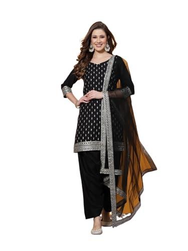 sanisa women's rayon blend embroidery straight kurta with pant and embroidery dupatta (49kbd583nz-m_black)