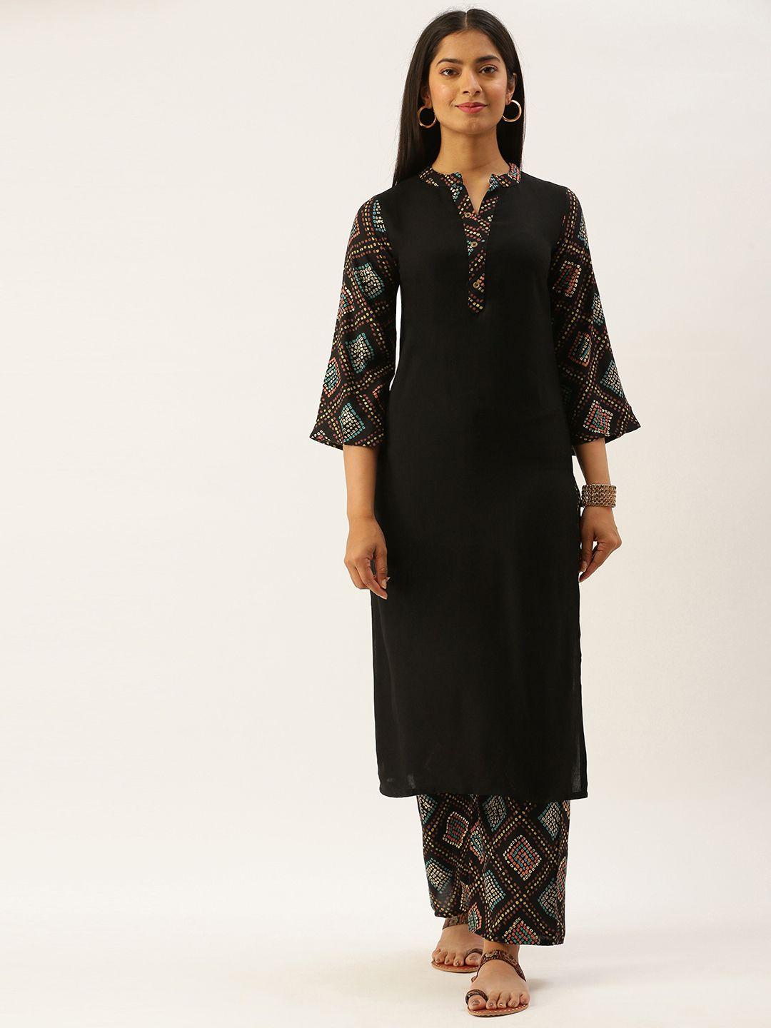 sanisa women black & blue handloom kurta with printed palazzos
